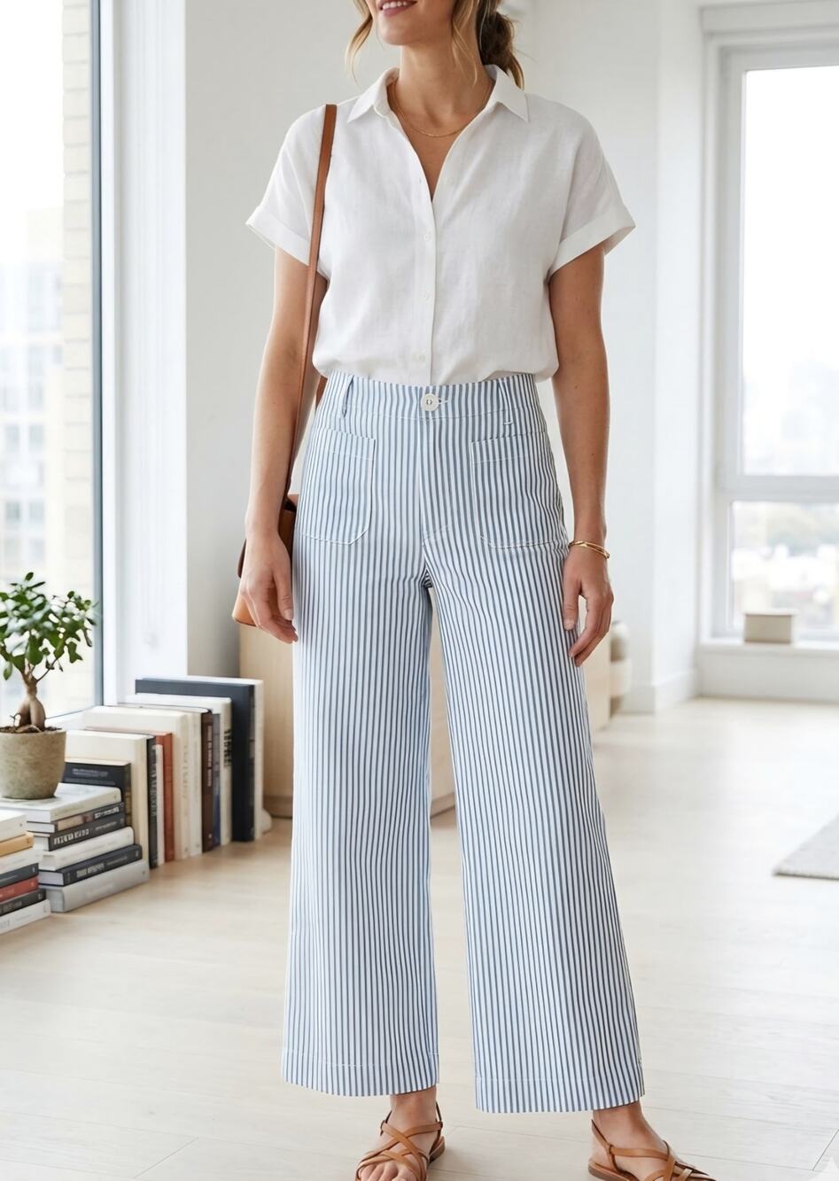 Miou Muse Striped Stretch Patch Pocket Wide-Leg  Pants Size S Vacation Wear
